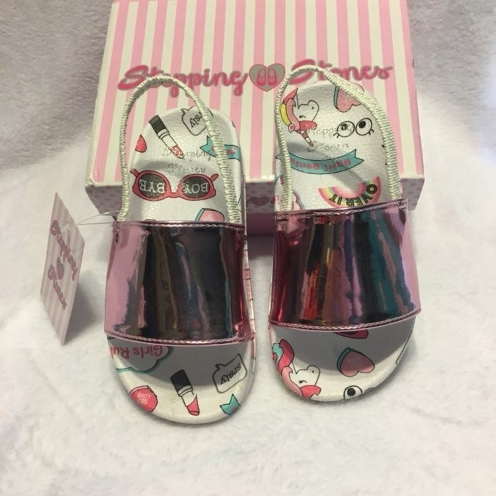 Stepping Stones Slide Sandals Baby Girls Small Pink NIB Metallic Unicorn Graphic